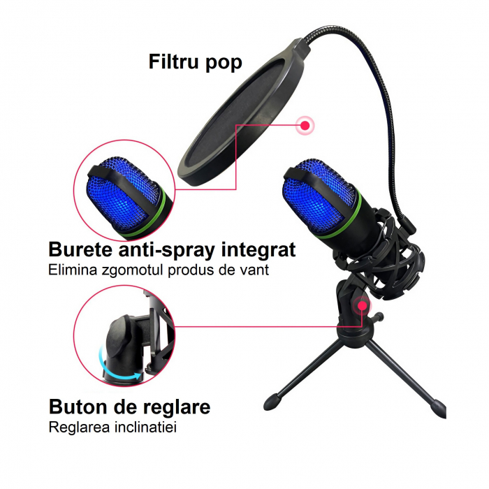 Microfon condensator AxaCube® pentru gaming, streaming, inregistrari, zoom, lumina RGB, cardioid, compatibil Windows, MacOs, conexiune USB [3]