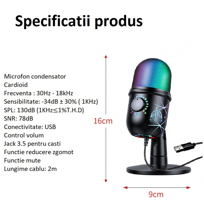 Microfon condensator AxaCube® pentru gaming, streaming, inregistrari, zoom, lumina RGB, cardioid, compatibil Windows, MacOs, conexiune USB [4]