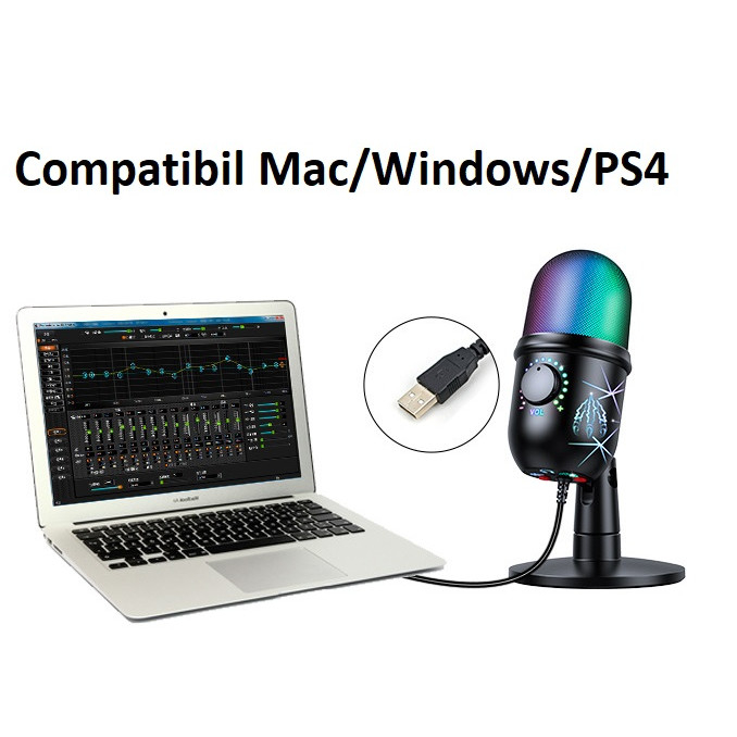 Microfon condensator AxaCube® pentru gaming, streaming, inregistrari, zoom, lumina RGB, cardioid, compatibil Windows, MacOs, conexiune USB [8]