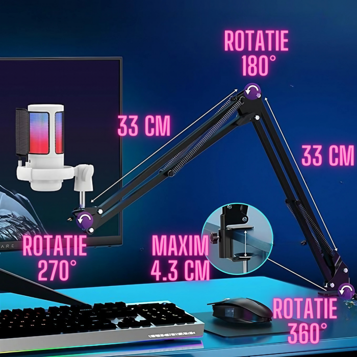 Microfon condensator AxaCube® pentru gaming, streaming, youtube, reducere zgomot fundal, functie mute, cardioid, lumina RGB, filtru pop, brat ajustabil, compatibil Windows, MacOS, PS4, PS5, USB, alb [3]
