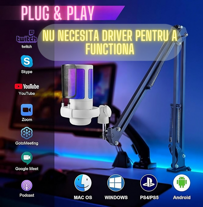 Microfon condensator AxaCube® pentru gaming, streaming, youtube, reducere zgomot fundal, functie mute, cardioid, lumina RGB, filtru pop, brat ajustabil, compatibil Windows, MacOS, PS4, PS5, USB, alb [2]