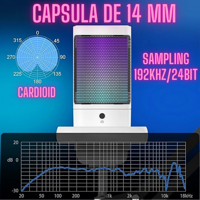 Microfon condensator AxaCube® pentru gaming, streaming, youtube, reducere zgomot fundal, functie mute, cardioid, lumina RGB, filtru pop, brat ajustabil, compatibil Windows, MacOS, PS4, PS5, USB, alb [9]