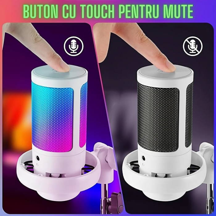Microfon condensator AxaCube® pentru gaming, streaming, youtube, reducere zgomot fundal, functie mute, cardioid, lumina RGB, filtru pop, brat ajustabil, compatibil Windows, MacOS, PS4, PS5, USB, alb [6]