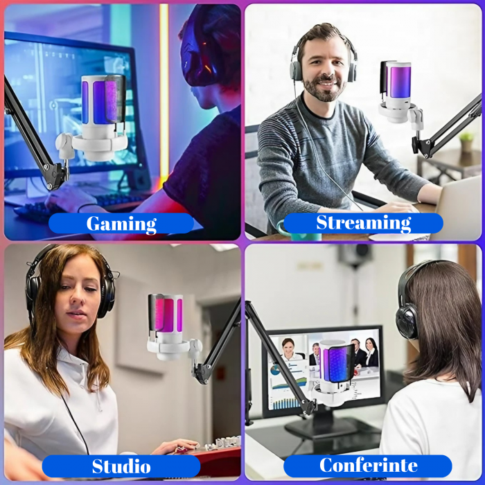 Microfon condensator AxaCube® pentru gaming, streaming, youtube, reducere zgomot fundal, functie mute, cardioid, lumina RGB, filtru pop, brat ajustabil, compatibil Windows, MacOS, PS4, PS5, USB, alb [4]