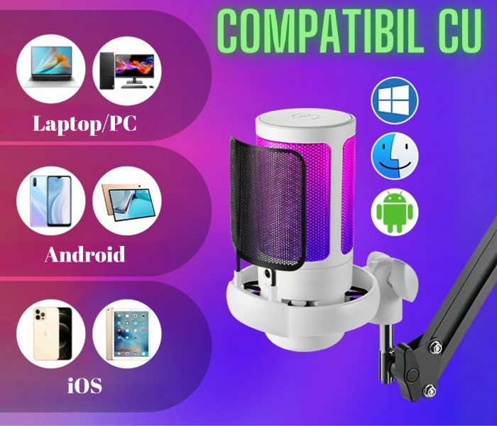 Microfon condensator AxaCube® pentru gaming, streaming, youtube, reducere zgomot fundal, functie mute, cardioid, lumina RGB, filtru pop, brat ajustabil, compatibil Windows, MacOS, PS4, PS5, USB, alb [5]