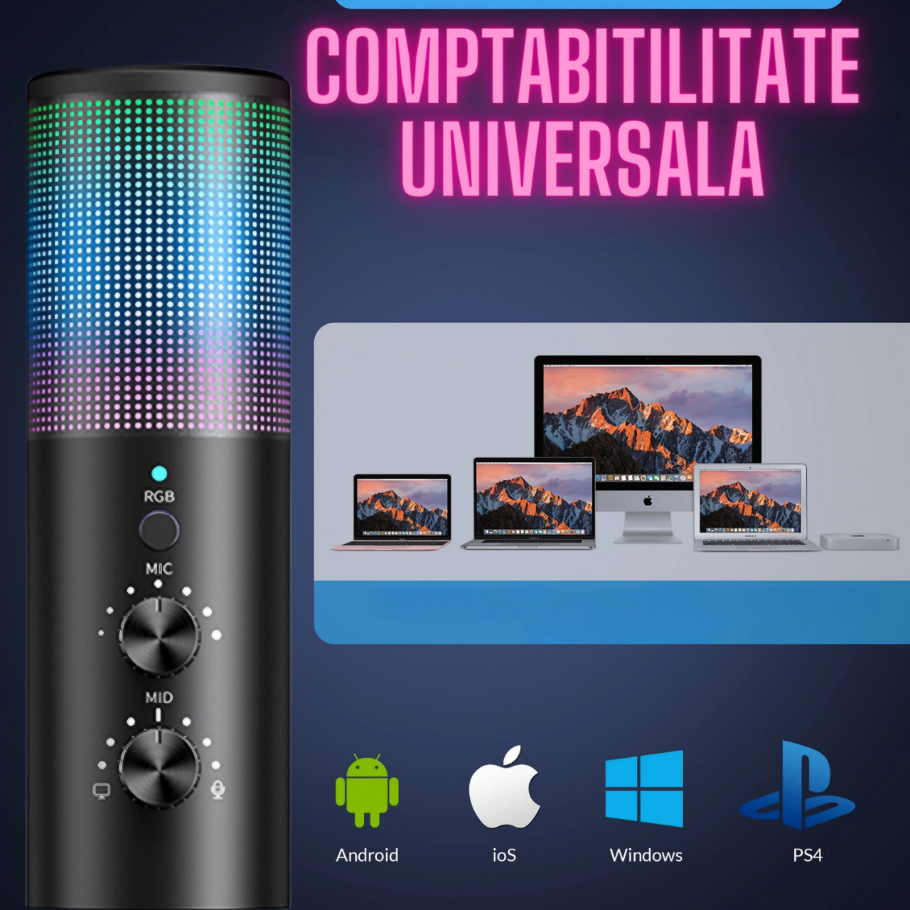 Microfon condensator AxaCube pentru gaming, youtube, podcast, cardioid, RGB, brat reglabil, filtru pop, control volum si monitorizare, conexiune USB, compatibil Android, iOS, Windows, PS [6]