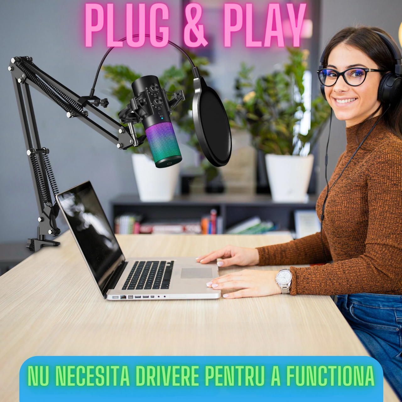 Microfon condensator AxaCube pentru gaming, youtube, podcast, cardioid, RGB, brat reglabil, filtru pop, control volum si monitorizare, conexiune USB, compatibil Android, iOS, Windows, PS [2]