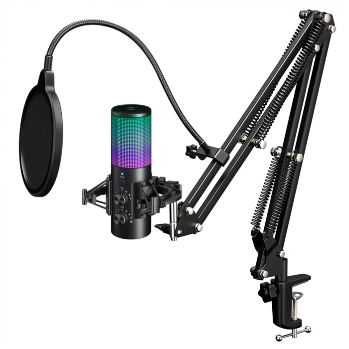 Microfon condensator AxaCube pentru gaming, youtube, podcast, cardioid, RGB, brat reglabil, filtru pop, control volum si monitorizare, conexiune USB, compatibil Android, iOS, Windows, PS [1]