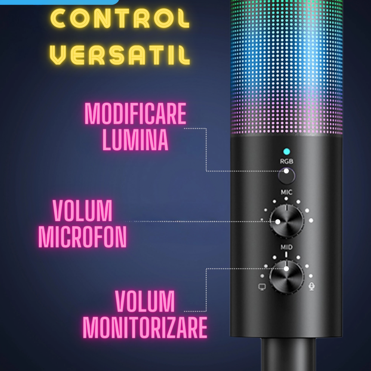 Microfon condensator AxaCube pentru gaming, youtube, podcast, cardioid, RGB, brat reglabil, filtru pop, control volum si monitorizare, conexiune USB, compatibil Android, iOS, Windows, PS [7]