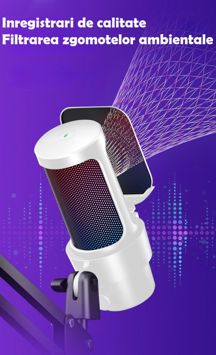 Microfon condensator AxaCube® pentru gaming, youtube, reducere zgomot fundal, functie mute, cardioid, lumina RGB, filtru pop, brat ajustabil, capsula 14mm, conexiune USB, compatibil Windows, MacOS, PS [4]