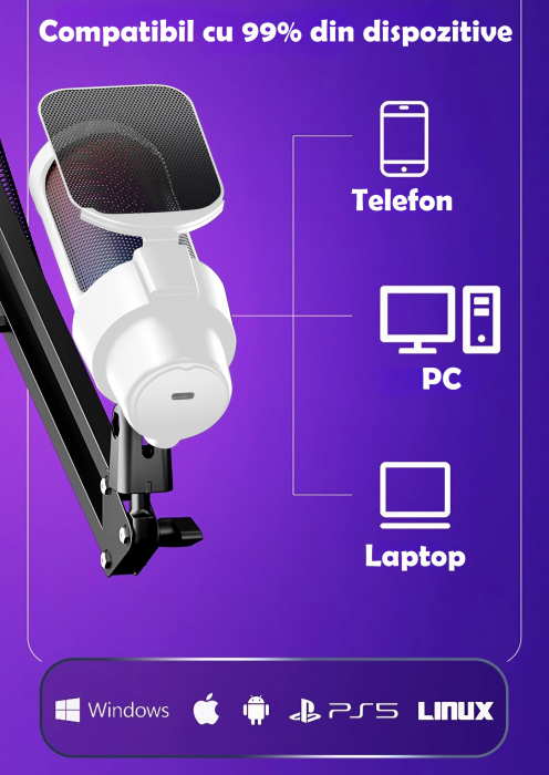 Microfon condensator AxaCube® pentru gaming, youtube, reducere zgomot fundal, functie mute, cardioid, lumina RGB, filtru pop, brat ajustabil, capsula 14mm, conexiune USB, compatibil Windows, MacOS, PS [10]