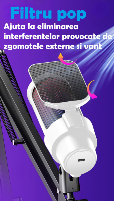 Microfon condensator AxaCube® pentru gaming, youtube, reducere zgomot fundal, functie mute, cardioid, lumina RGB, filtru pop, brat ajustabil, capsula 14mm, conexiune USB, compatibil Windows, MacOS, PS [9]