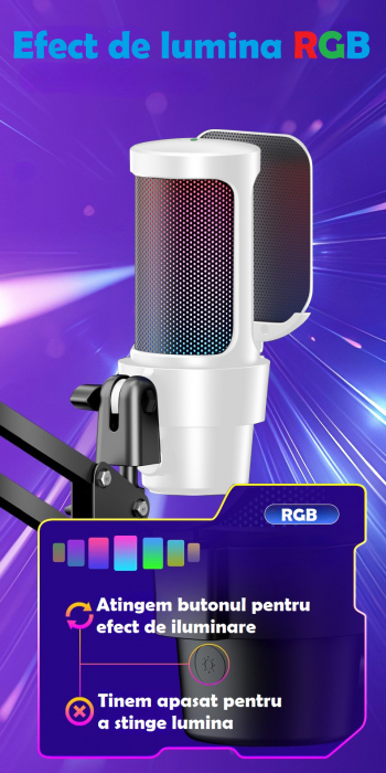 Microfon condensator AxaCube® pentru gaming, youtube, reducere zgomot fundal, functie mute, cardioid, lumina RGB, filtru pop, brat ajustabil, capsula 14mm, conexiune USB, compatibil Windows, MacOS, PS [2]