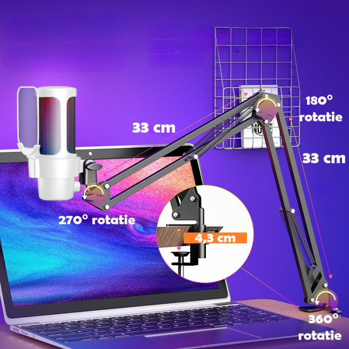 Microfon condensator AxaCube® pentru gaming, youtube, reducere zgomot fundal, functie mute, cardioid, lumina RGB, filtru pop, brat ajustabil, capsula 14mm, conexiune USB, compatibil Windows, MacOS, PS [5]