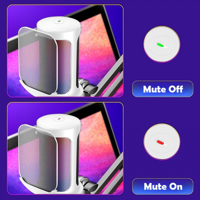 Microfon condensator AxaCube® pentru gaming, youtube, reducere zgomot fundal, functie mute, cardioid, lumina RGB, filtru pop, brat ajustabil, capsula 14mm, conexiune USB, compatibil Windows, MacOS, PS [6]