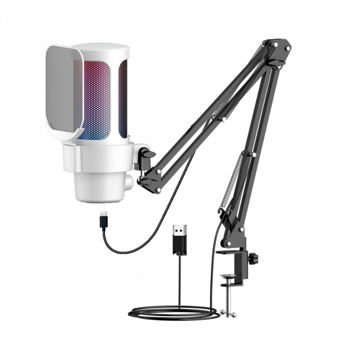 Microfon condensator AxaCube® pentru gaming, youtube, reducere zgomot fundal, functie mute, cardioid, lumina RGB, filtru pop, brat ajustabil, capsula 14mm, conexiune USB, compatibil Windows, MacOS, PS [1]