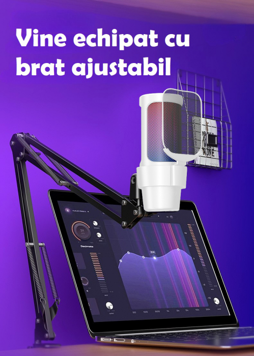 Microfon condensator AxaCube® pentru gaming, youtube, reducere zgomot fundal, functie mute, cardioid, lumina RGB, filtru pop, brat ajustabil, capsula 14mm, conexiune USB, compatibil Windows, MacOS, PS [3]