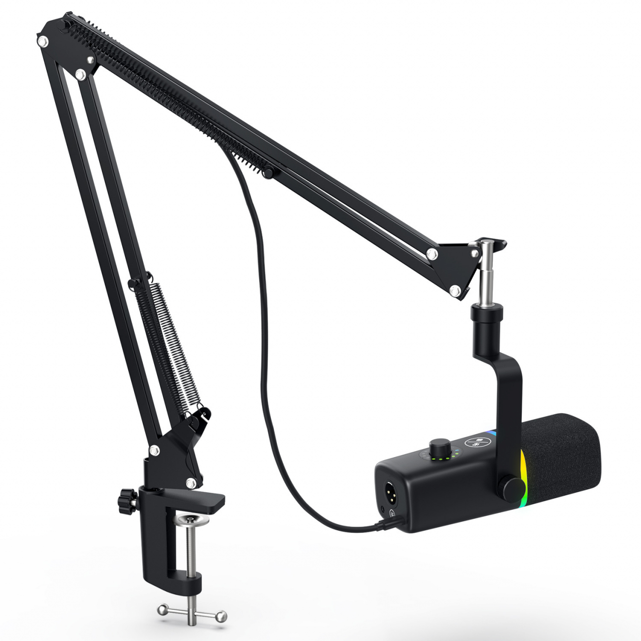 Microfon dinamic AxaCube cu brat, pentru podcast, streaming, gaming, conexiune XLR si USB, cardioid, lumina RGB, functie mute si reducere zgomot fundal, monitorizare in timp real, compatibil Windows, [1]