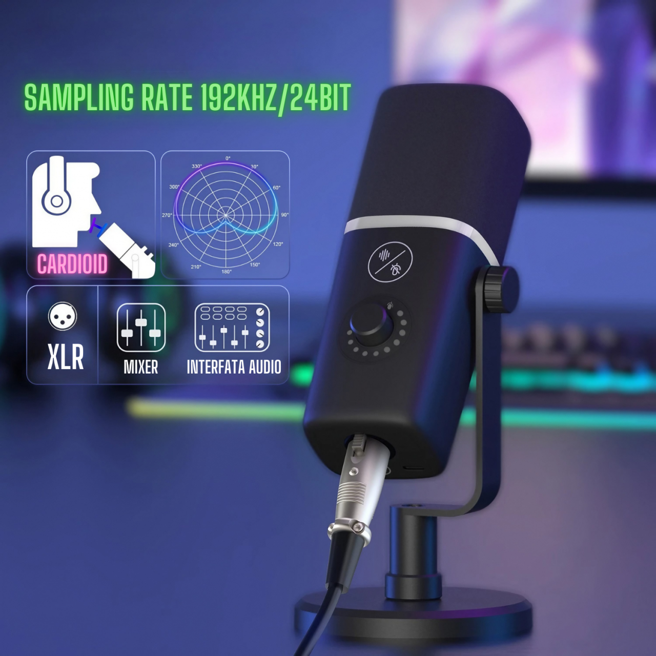 Microfon dinamic AxaCube cu brat, pentru podcast, streaming, gaming, conexiune XLR si USB, cardioid, lumina RGB, functie mute si reducere zgomot fundal, monitorizare in timp real, compatibil Windows, [2]