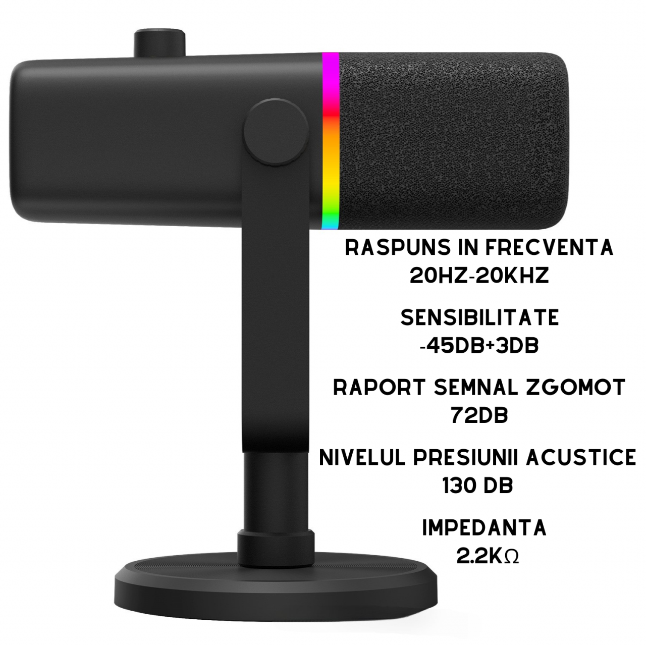 Microfon dinamic AxaCube cu brat, pentru podcast, streaming, gaming, conexiune XLR si USB, cardioid, lumina RGB, functie mute si reducere zgomot fundal, monitorizare in timp real, compatibil Windows, [8]