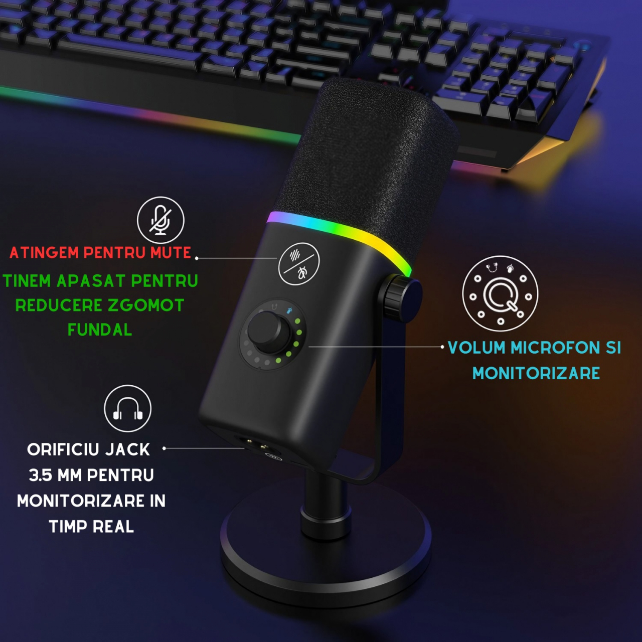 Microfon dinamic AxaCube cu brat, pentru podcast, streaming, gaming, conexiune XLR si USB, cardioid, lumina RGB, functie mute si reducere zgomot fundal, monitorizare in timp real, compatibil Windows, [5]