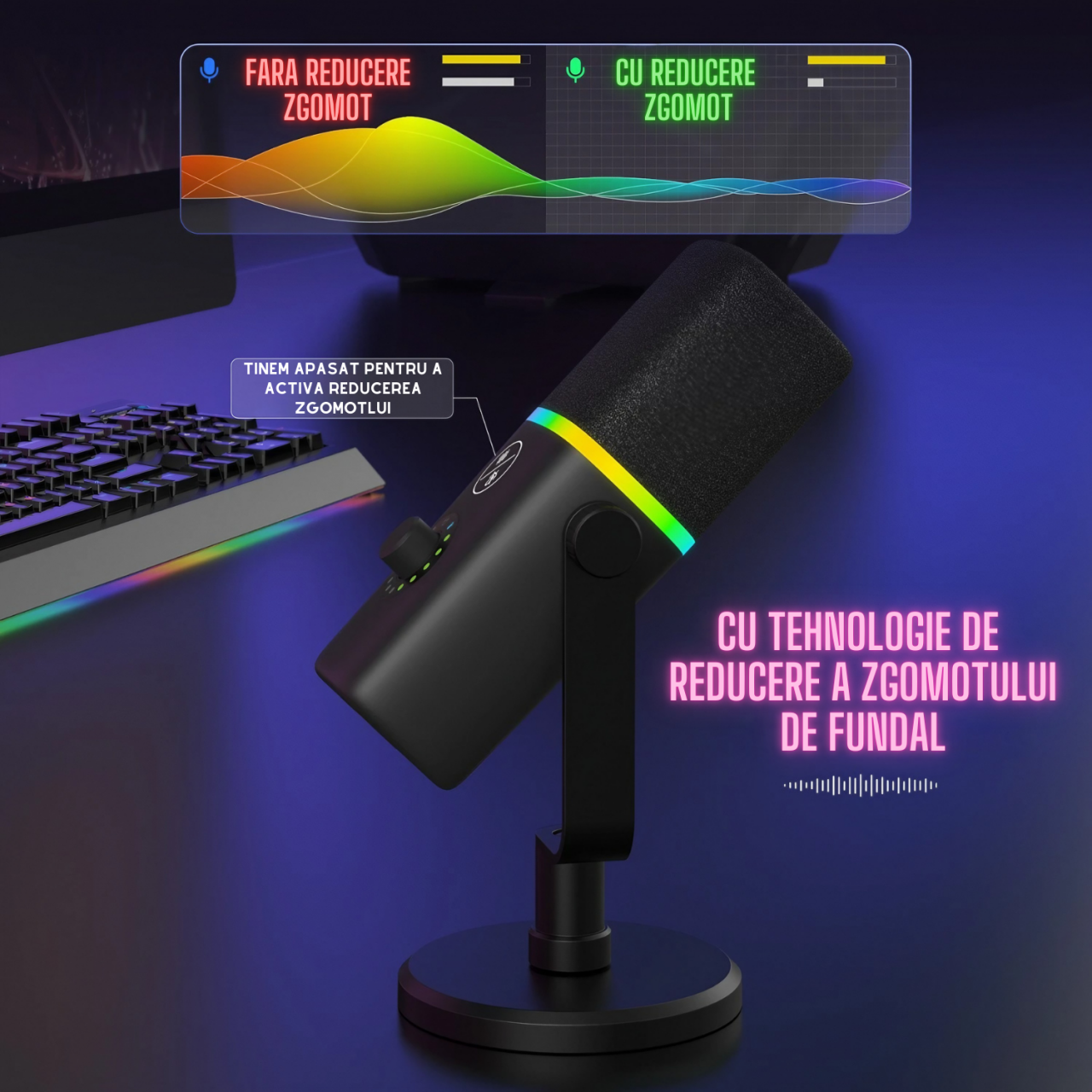 Microfon dinamic AxaCube cu brat, pentru podcast, streaming, gaming, conexiune XLR si USB, cardioid, lumina RGB, functie mute si reducere zgomot fundal, monitorizare in timp real, compatibil Windows, [6]