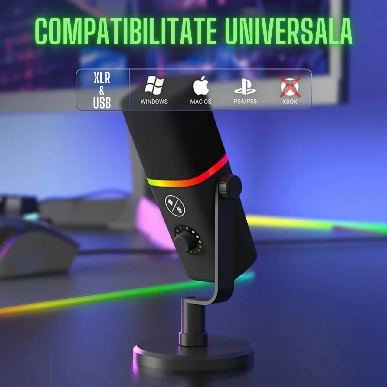Microfon dinamic AxaCube cu brat, pentru podcast, streaming, gaming, conexiune XLR si USB, cardioid, lumina RGB, functie mute si reducere zgomot fundal, monitorizare in timp real, compatibil Windows, [4]