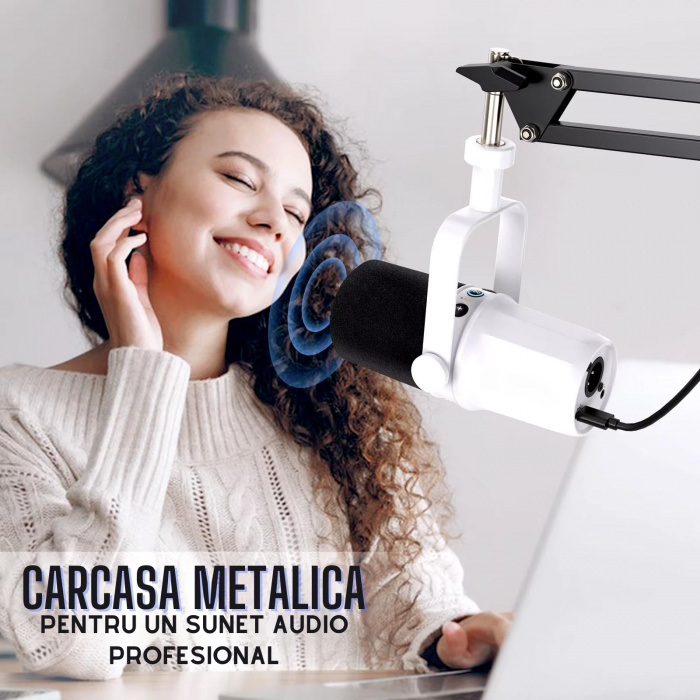 Microfon dinamic AxaCube, podcast, streaming, gaming, conexiune XLR si USB, corp metalic, buton mute, monitorizare in timp real, alb [4]