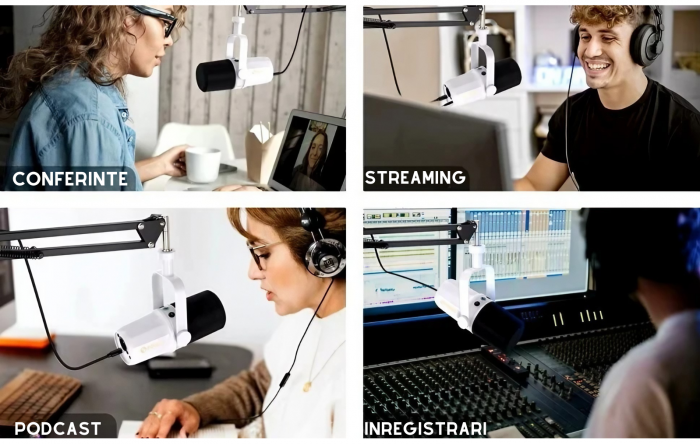Microfon dinamic AxaCube, podcast, streaming, gaming, conexiune XLR si USB, corp metalic, buton mute, monitorizare in timp real, alb [2]