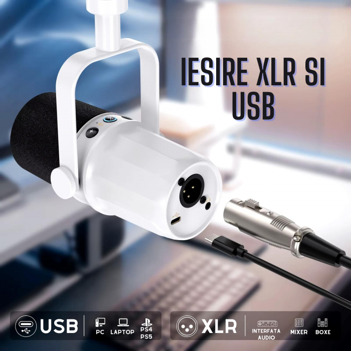 Microfon dinamic AxaCube, podcast, streaming, gaming, conexiune XLR si USB, corp metalic, buton mute, monitorizare in timp real, alb [5]