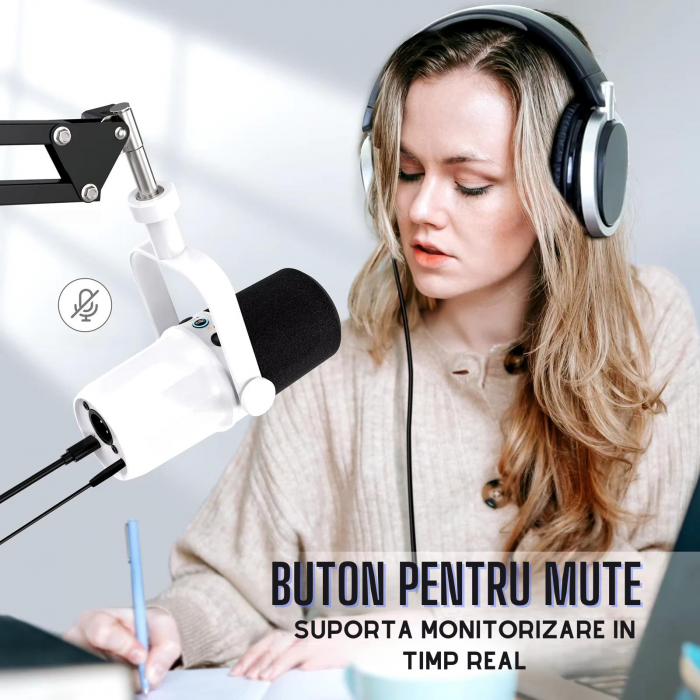 Microfon dinamic AxaCube, podcast, streaming, gaming, conexiune XLR si USB, corp metalic, buton mute, monitorizare in timp real, alb [6]