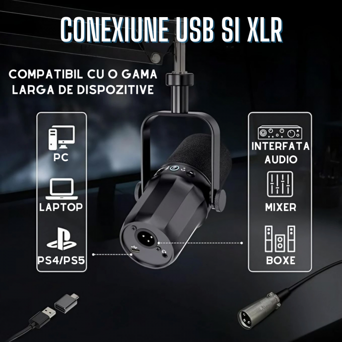 Microfon dinamic AxaCube, podcast, streaming, gaming, conexiune XLR si USB, corp metalic, buton mute, monitorizare in timp real, negru [4]