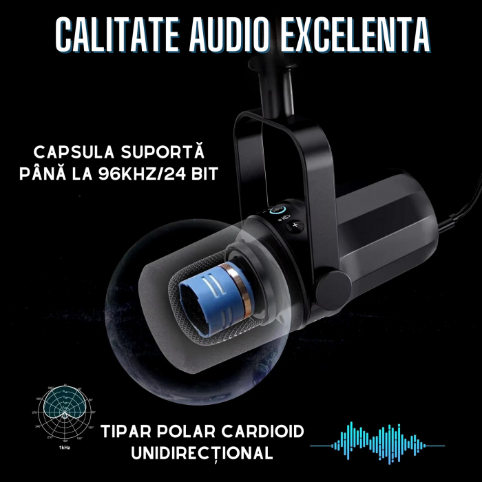 Microfon dinamic AxaCube, podcast, streaming, gaming, conexiune XLR si USB, corp metalic, buton mute, monitorizare in timp real, negru [7]