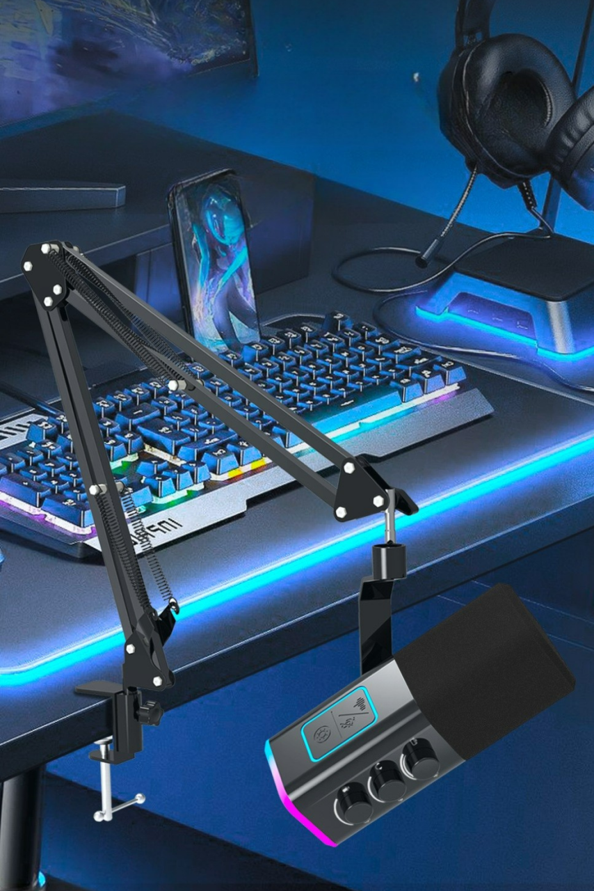 Microfon pentru gaming, inregistrari, streaming, podcast, capsula dinamica, conexiune XLR si USB, brat reglabil, lumina RGB, monitorizare in timp real,  functie mute, compatibil Windows, Apple, Androi [3]