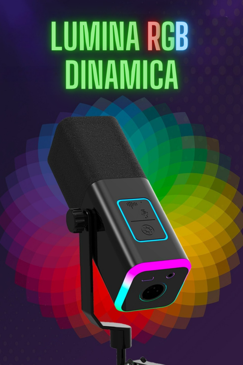 Microfon pentru gaming, inregistrari, streaming, podcast, capsula dinamica, conexiune XLR si USB, brat reglabil, lumina RGB, monitorizare in timp real,  functie mute, compatibil Windows, Apple, Androi [8]