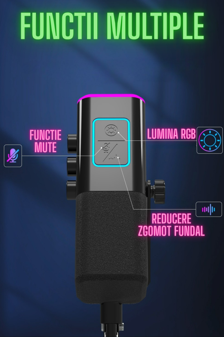 Microfon pentru gaming, inregistrari, streaming, podcast, capsula dinamica, conexiune XLR si USB, brat reglabil, lumina RGB, monitorizare in timp real,  functie mute, compatibil Windows, Apple, Androi [5]