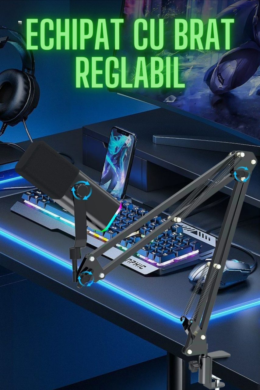 Microfon pentru gaming, inregistrari, streaming, podcast, capsula dinamica, conexiune XLR si USB, brat reglabil, lumina RGB, monitorizare in timp real,  functie mute, compatibil Windows, Apple, Androi [9]