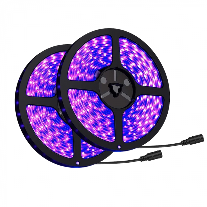 Set 2 benzi LED cu lumina UV AxaCube®, rezistente la apa IP65, LED SMD 2835, fixare prin lipire, 10 metri, 600 LED-uri, adaptor 12V inclus [1]