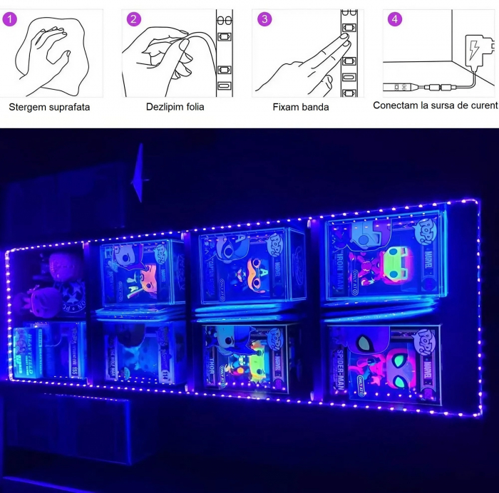 Set 2 benzi LED cu lumina UV AxaCube®, rezistente la apa IP65, LED SMD 2835, fixare prin lipire, 10 metri, 600 LED-uri, adaptor 12V inclus [6]