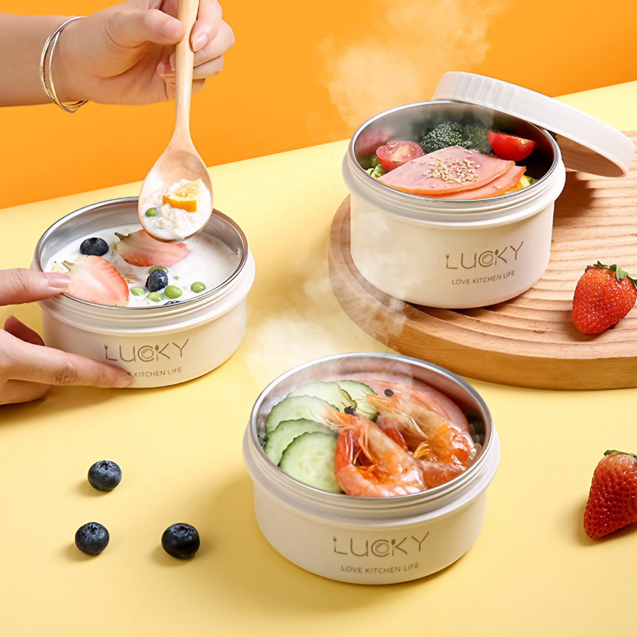 Set 2 caserole cu husa transport, interior otel inoxidabil 304, 440 si 640 ml, compatibile cuptor microunde, bento box [4]