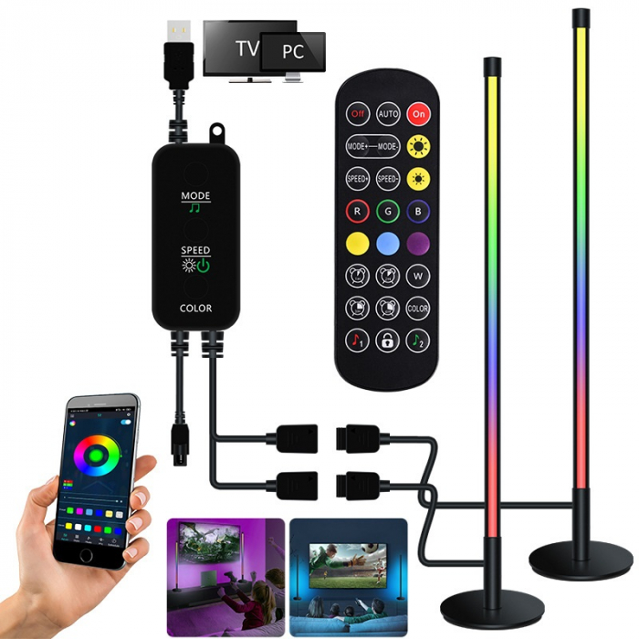 Set 2 lampi led smart AxaCube® pentru filme, gaming, RGB, lumina ambientala, sincronizare sonora, bluetooth, control prin telecomanda si aplicatie dedicata, conectare usb, 51 cm [2]