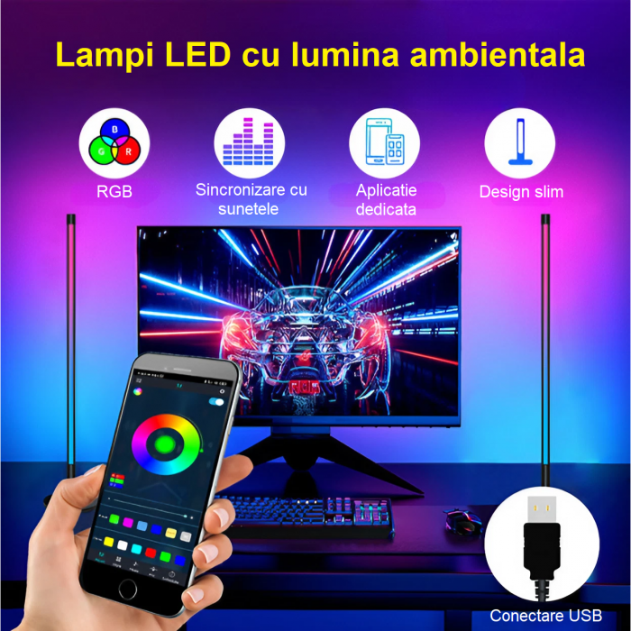 Set 2 lampi led smart AxaCube® pentru filme, gaming, RGB, lumina ambientala, sincronizare sonora, bluetooth, control prin telecomanda si aplicatie dedicata, conectare usb, 51 cm [10]