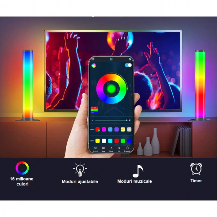 Set 2 lampi led smart AxaCube pentru gaming, RGB, lumina ambientala, sincronizare sonora, joc de lumini, bluetooth, control prin telecomanda si aplicatie dedicata, conectare usb [9]