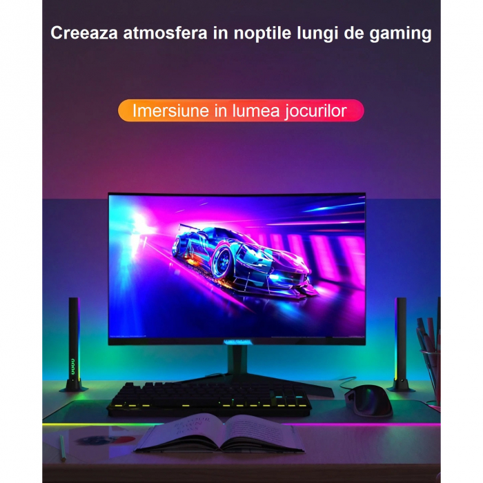 Set 2 lampi RGB AxaCube® pentru gaming, lumina ambientala, sincronizare sonora, control prin telecomanda, conectare usb, negru [5]