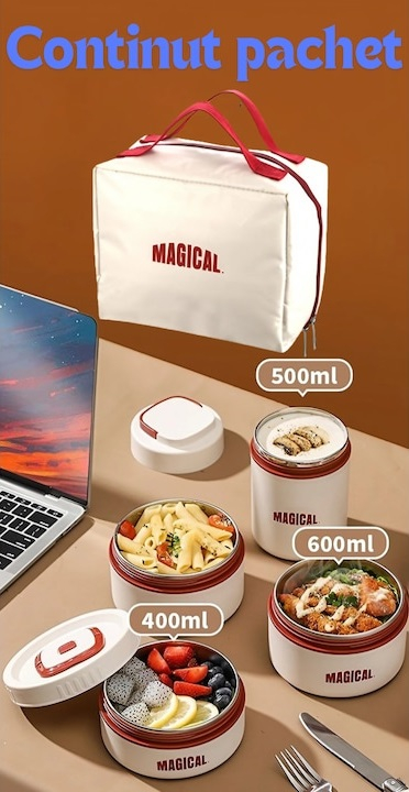 Set 3 caserole cu husa transport, interior otel inoxidabil 304, 1 caserola 400 ml, 1 caserola 500 ml si 1 caserola 600 ml, capac cu filet si garnitura silicon [8]