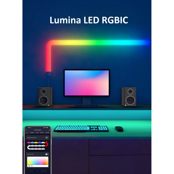 Set 4 buc bara LED RGBIC smart AxaCube®, lumina ambientala, sincronizare sonora, 3 coltare pentru conexiune, Wi-Fi, compatibil Google assistant si Alexa, control prin aplicatie dedicata si telecomanda [8]