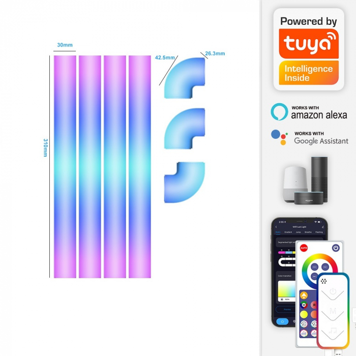 Set 4 buc bara LED RGBIC smart AxaCube®, lumina ambientala, sincronizare sonora, 3 coltare pentru conexiune, Wi-Fi, compatibil Google assistant si Alexa, control prin aplicatie dedicata si telecomanda [9]