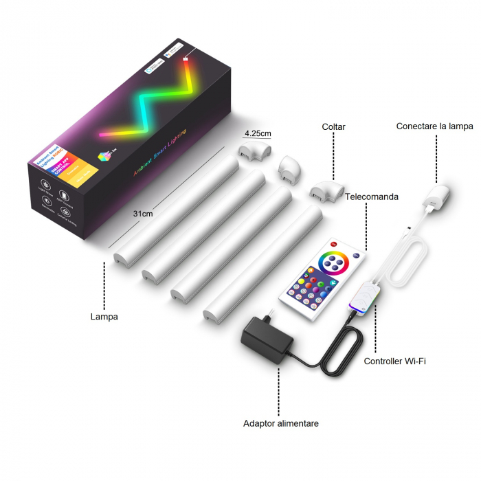 Set 4 buc bara LED RGBIC smart AxaCube®, lumina ambientala, sincronizare sonora, 3 coltare pentru conexiune, Wi-Fi, compatibil Google assistant si Alexa, control prin aplicatie dedicata si telecomanda [6]