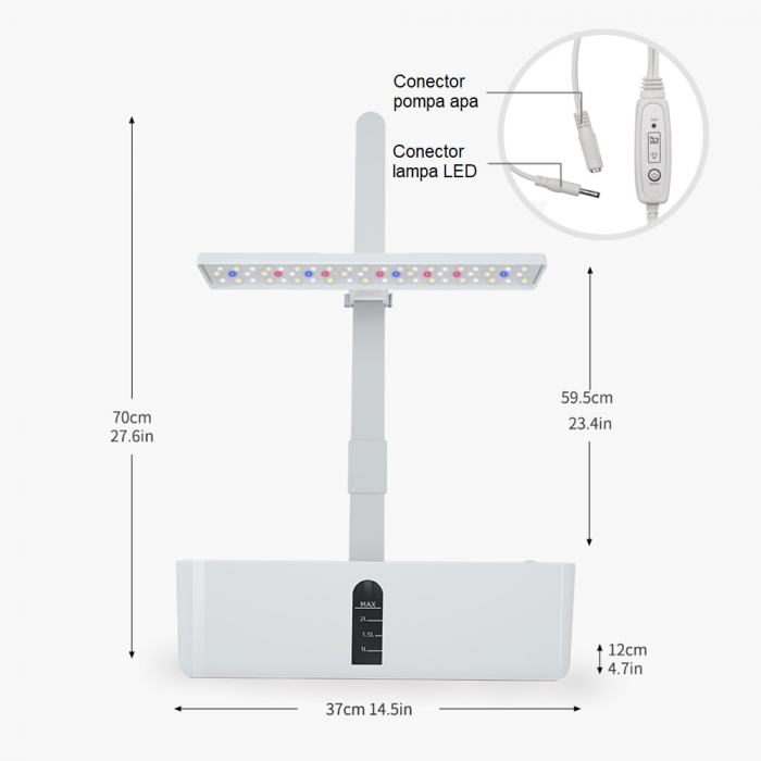 Set ghiveci hidroponic cu lampa de crestere a plantelor AxaCube®, 9 orificii plante, pompa oxigenare apa, 68 LED-uri, 15W, timer, alb [12]