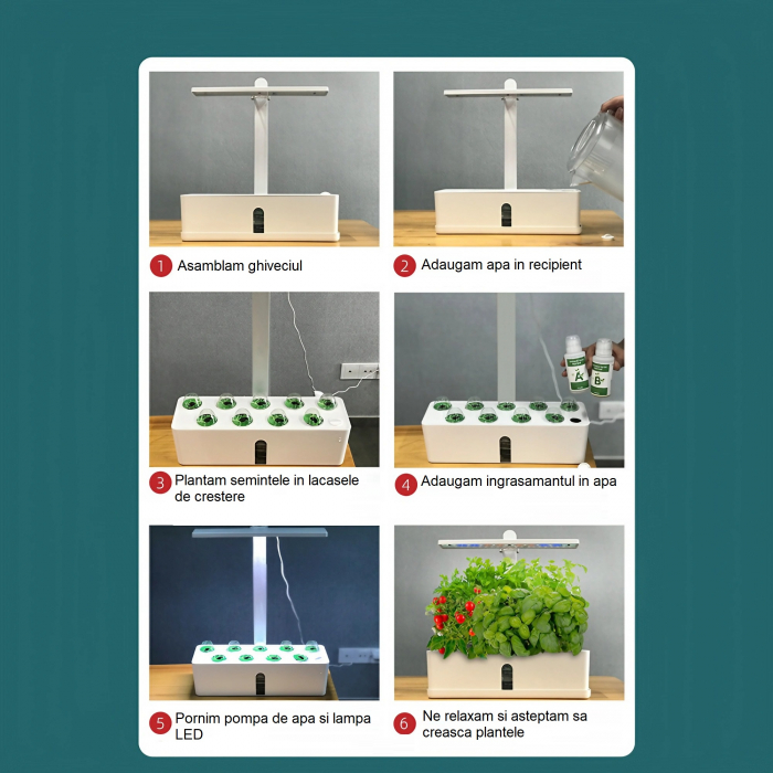Set ghiveci hidroponic cu lampa de crestere a plantelor AxaCube®, 9 orificii plante, pompa oxigenare apa, 68 LED-uri, 15W, timer, alb [9]